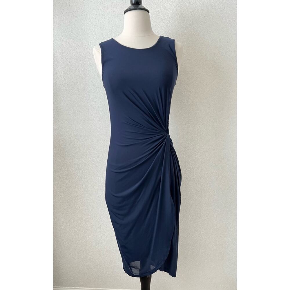 T Tahari Bellini Dress Navy Blue Micro Mesh Side Knot Sleeveless Bodycon